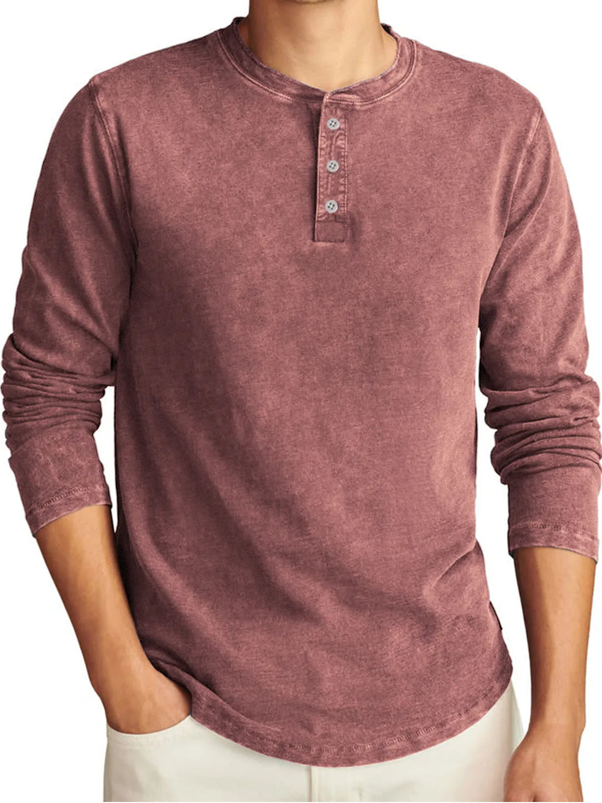 Men's Vintage Distressed Long Sleeve Washed Casual T-Shirt Henley Shirt