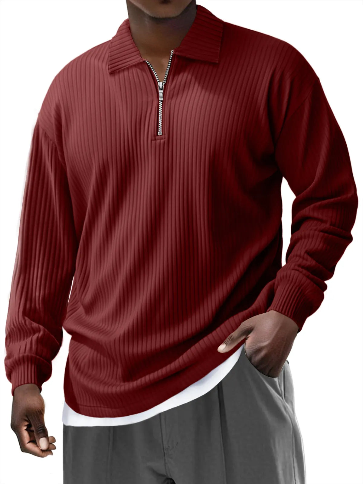 Men's Pit Zipper Lapel Solid Color Long-sleeved Polo Shirt
