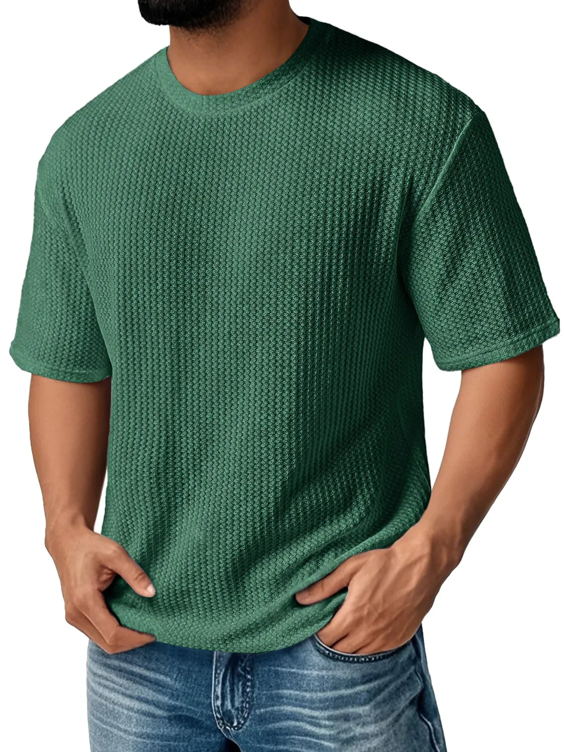 Men's Daily Round Neck Waffle Casual Solid Color Comfortable Short Sleeve T-shirt
