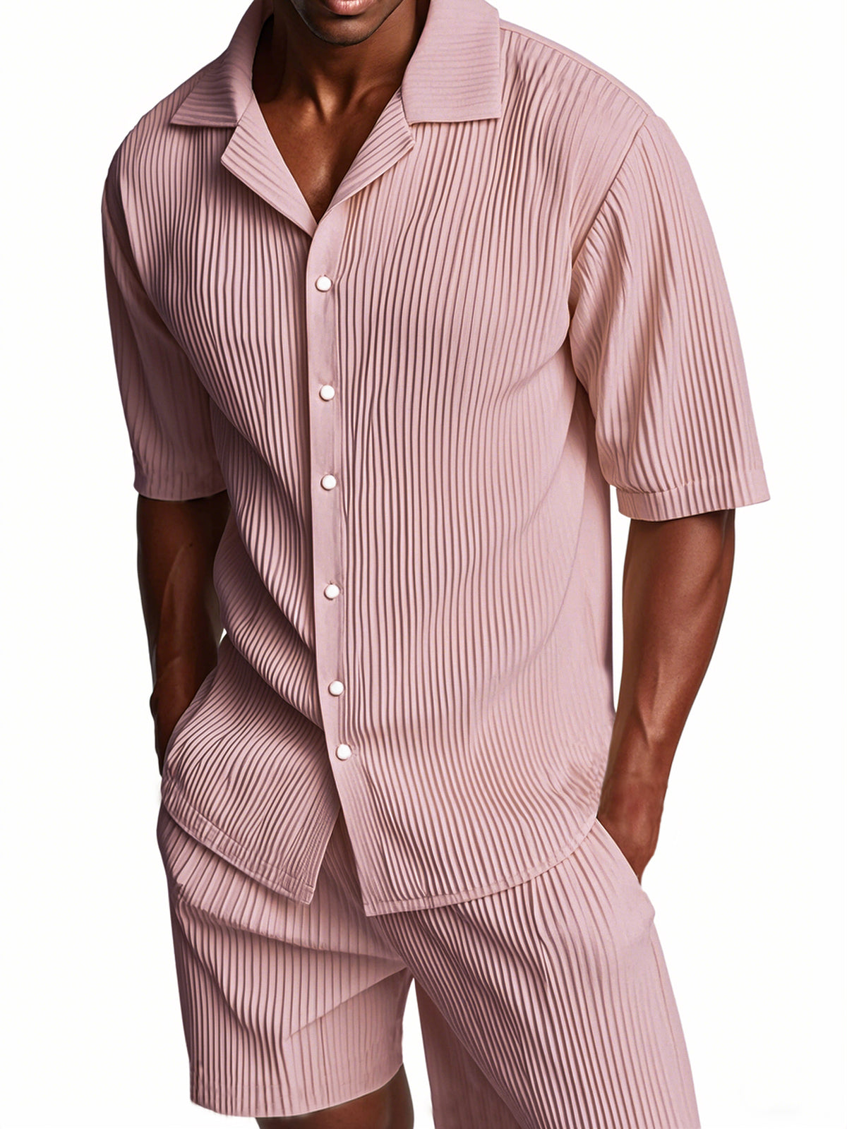 Men's Pleated Texture Suit Cuban Collar Casual Striped Fabric Short Sleeve Shirt Shorts Casual Two-piece Suit