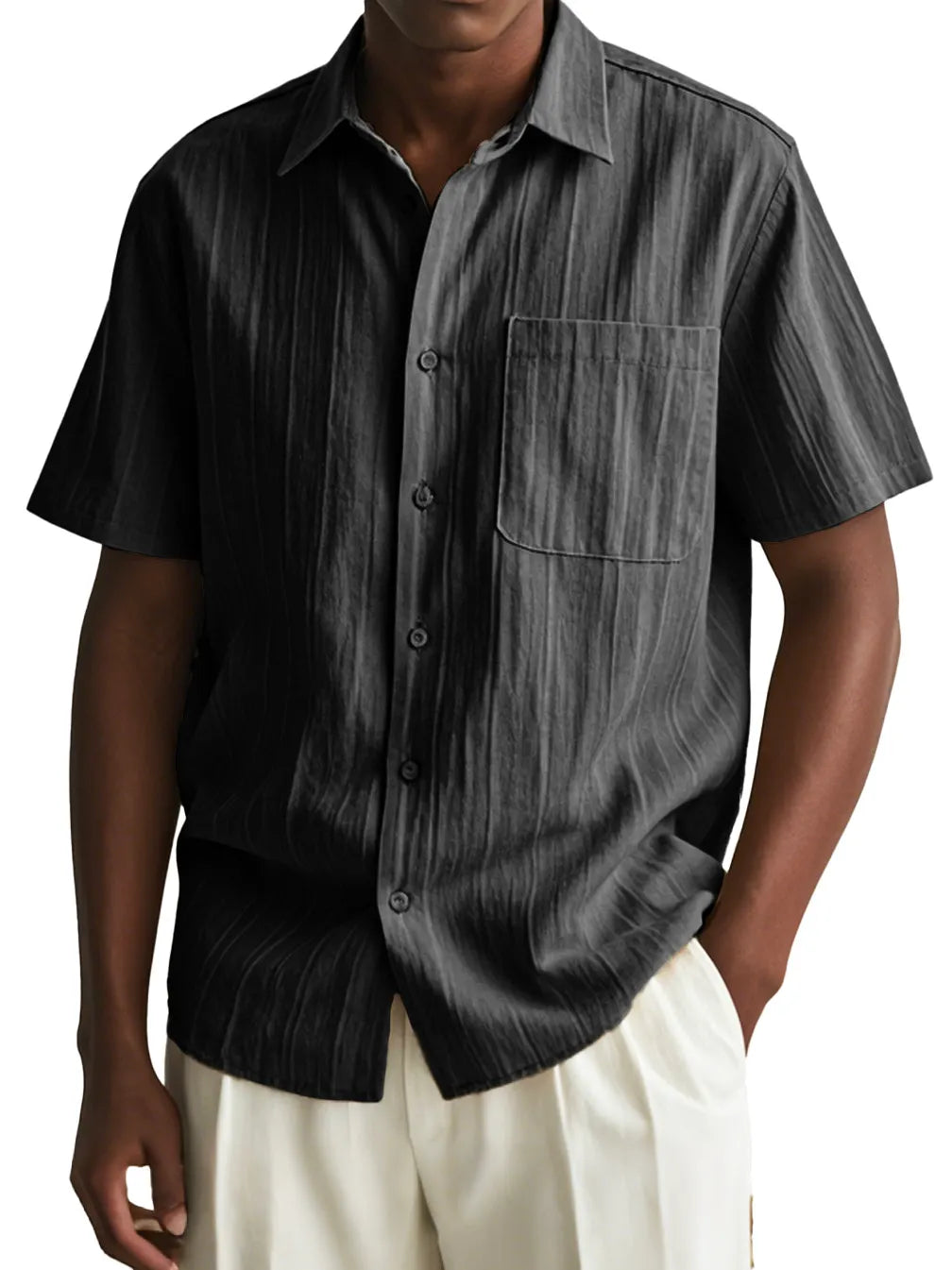 Men's Fashion Casual Pleated Fabric Short Sleeve Pocket Shirt