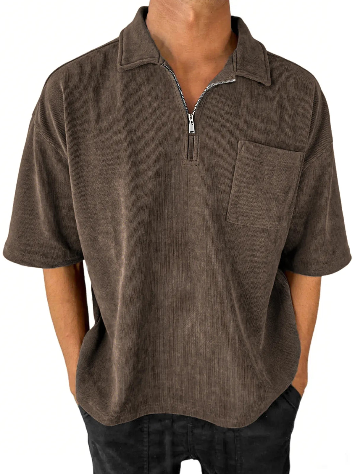 Men's Stylish Ribbed Quarter-Zip Lapel Corduroy Casual POLO Shirt With Chest Pocket