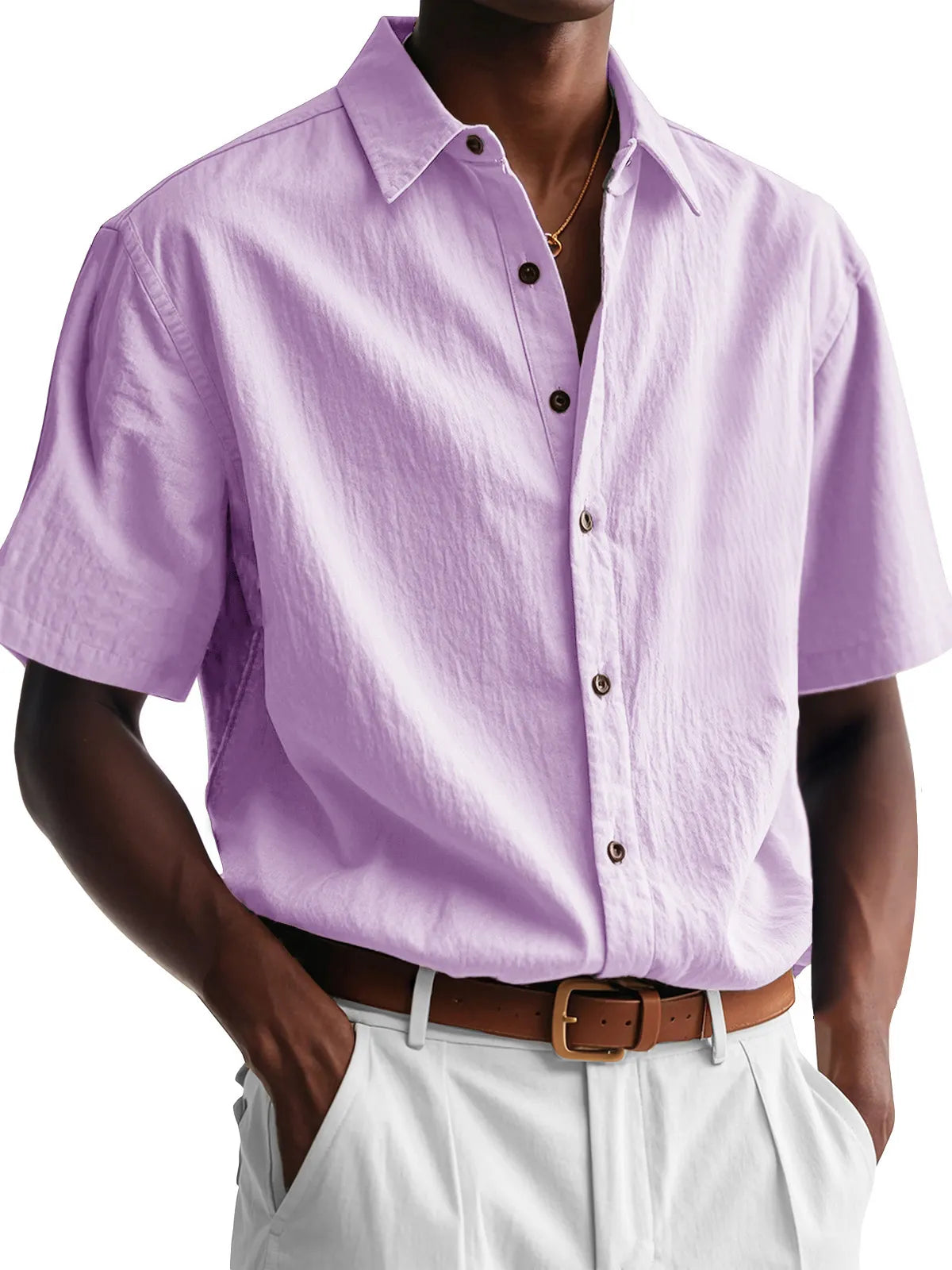 Men's Fashion Casual Pleated Fabric Short Sleeve Lapel Shirt