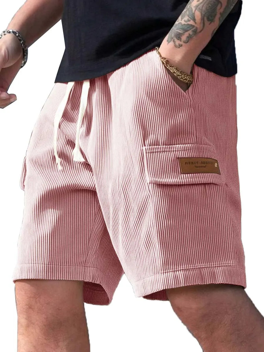 Men's Fashion Retro Workwear Pocket Ribbed Embroidered Logo Shorts