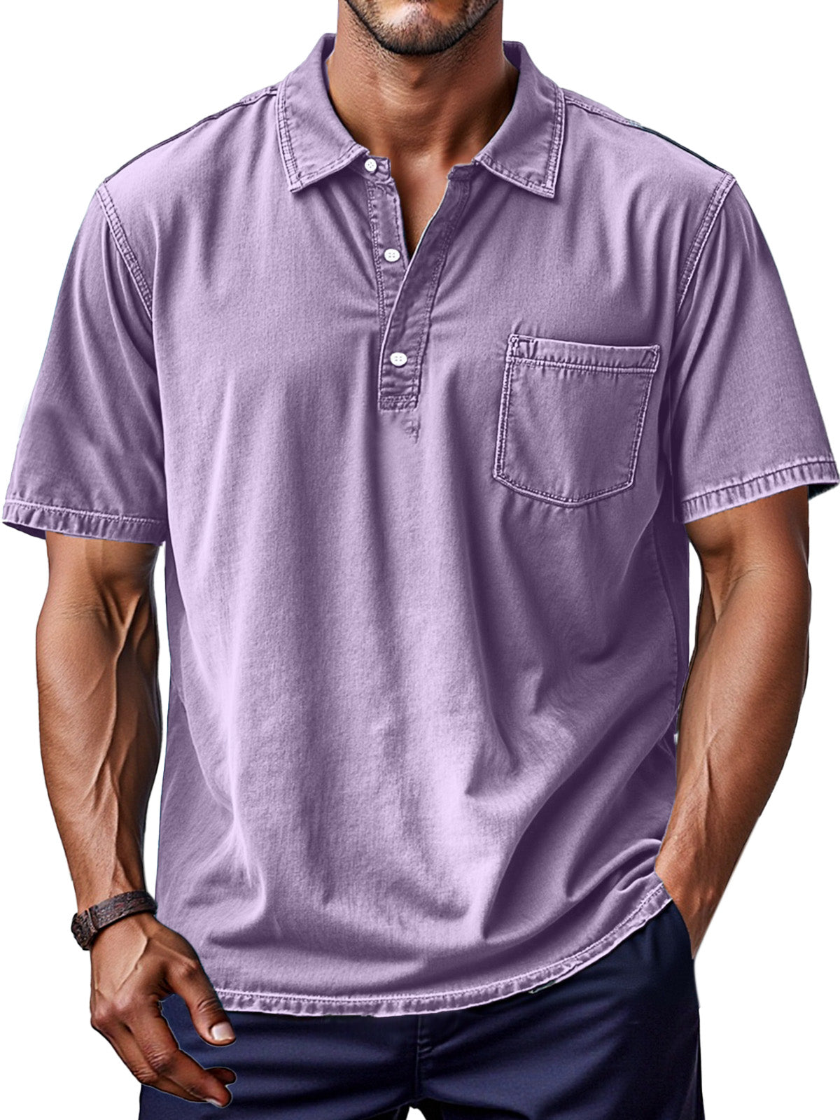 Men's Retro Solid Color Comfortable And Breathable Lapel Button-up Polo Shirt