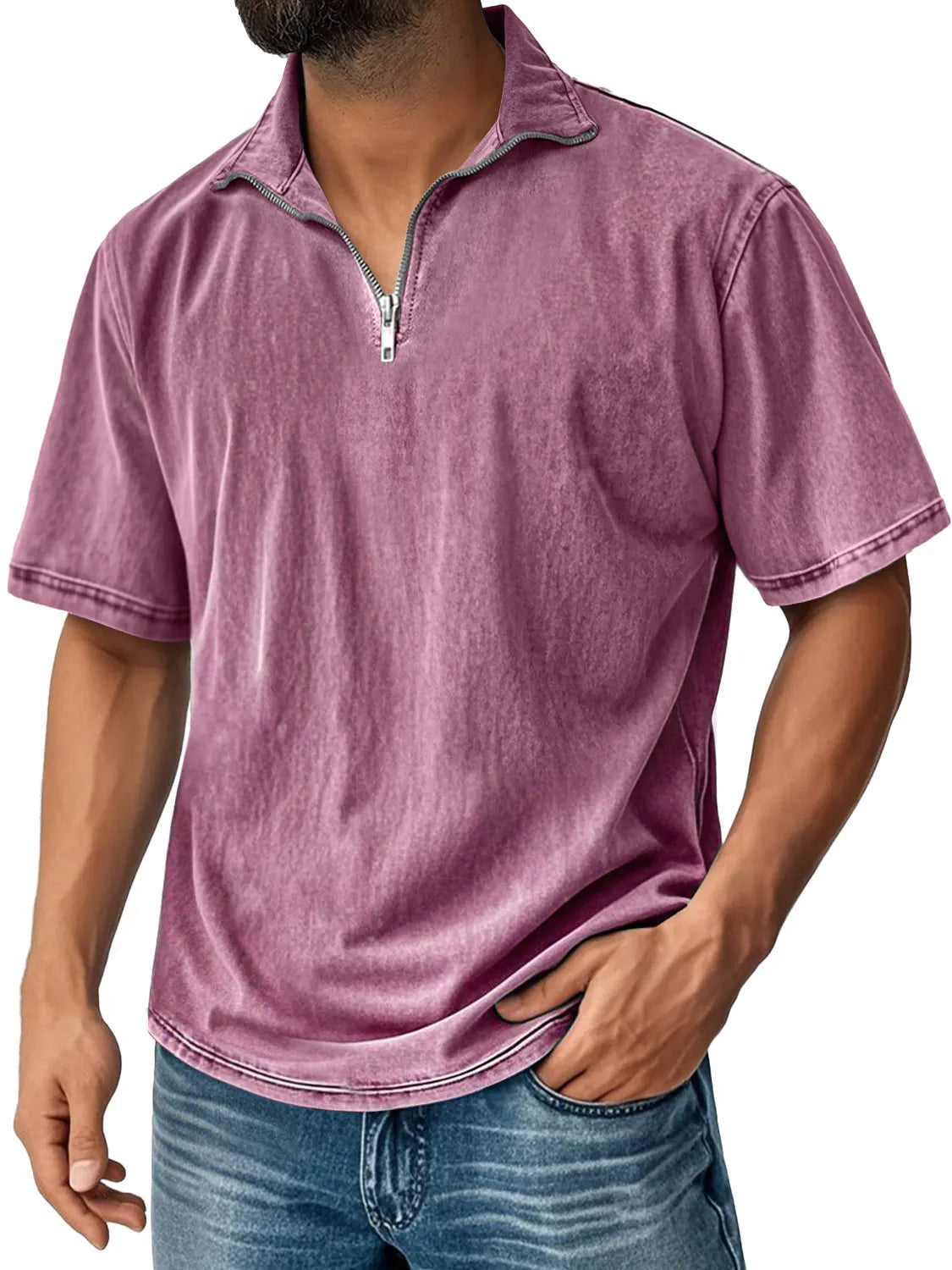 Men's Retro Stand Collar Zipper Casual Solid Color Short Sleeve T-shirt