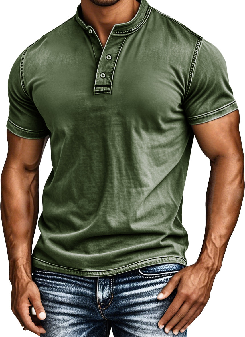 Men's Fashion Retro Distressed Lapel Short-sleeved Henley Shirt