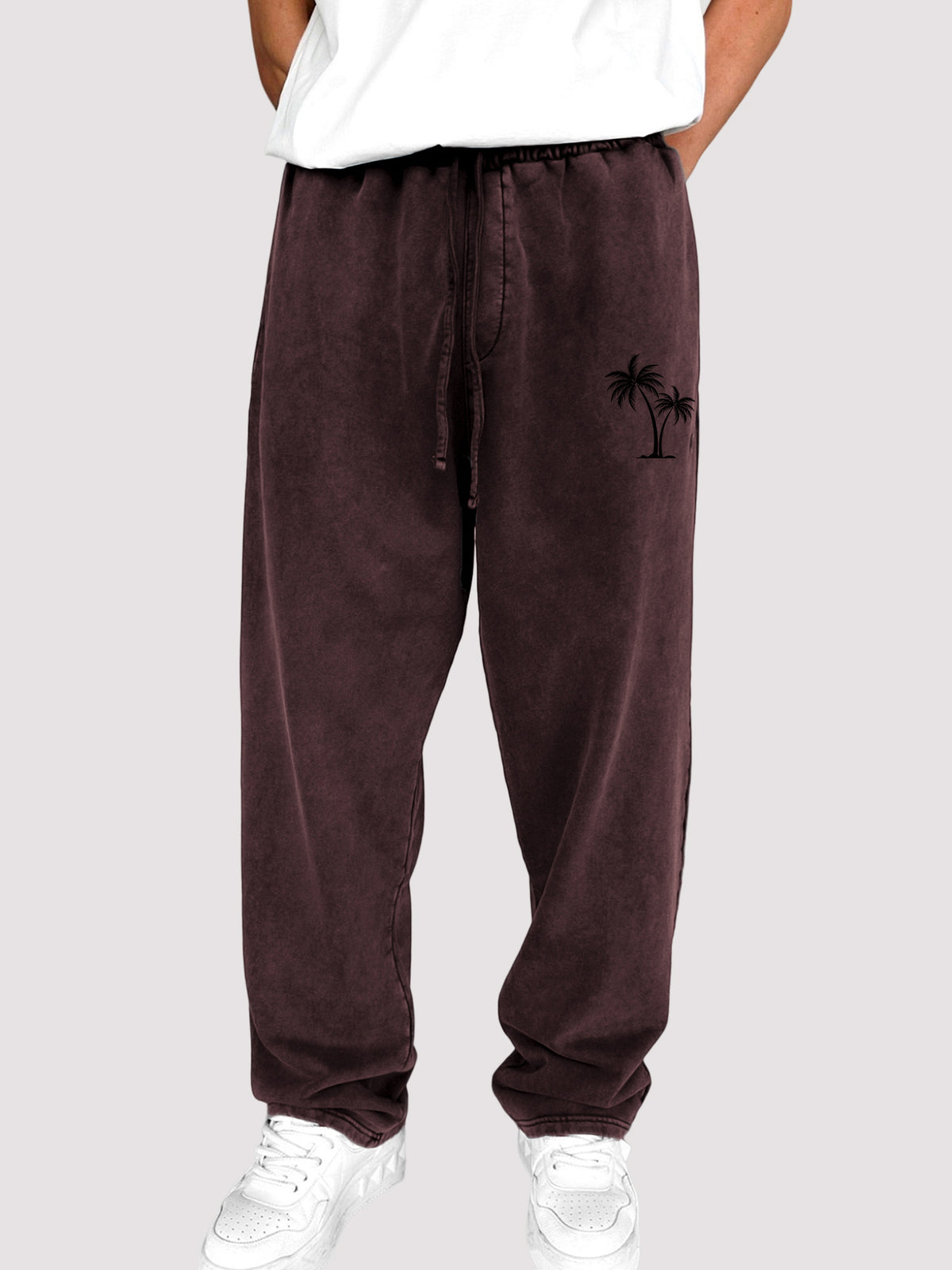 Men's Dyed Vintage Coconut Tree Printed Holiday Casual Elastic Waist Drawstring Trousers