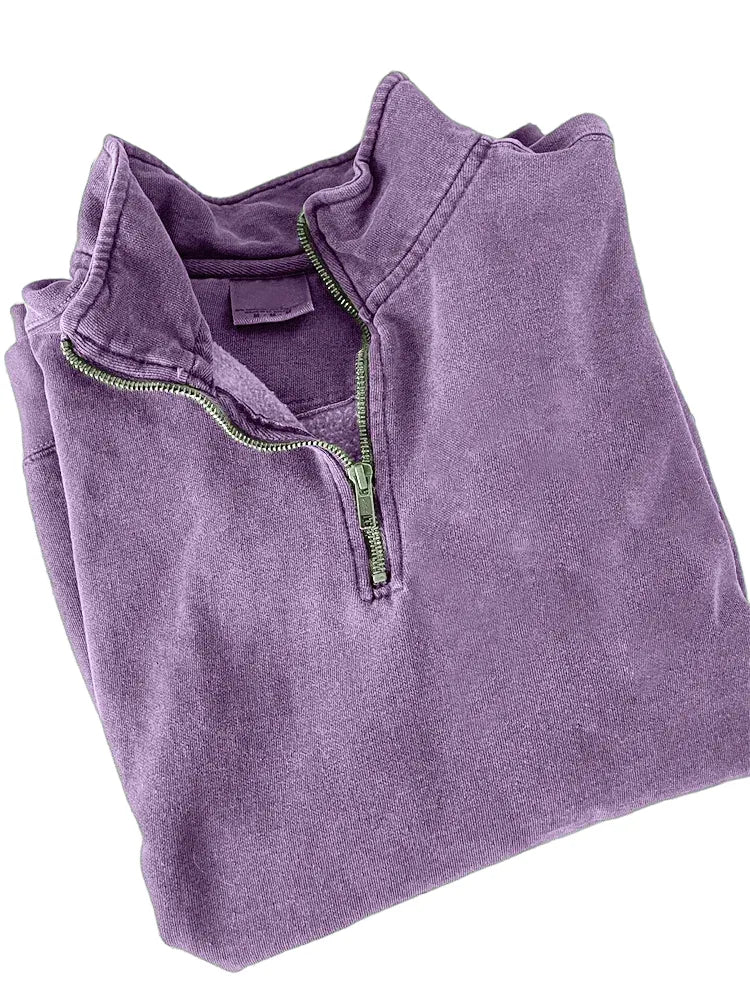 Men's Quarter Zip Distressed Washed Cotton Zipper Long Sleeve Sweatshirt