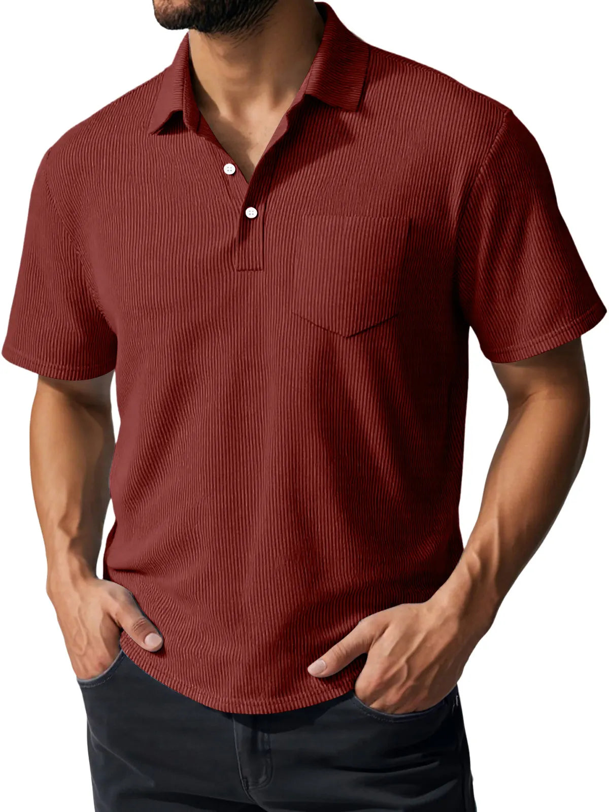 Men's Daily Casual Ribbed Lapel Button Pocket Short-sleeved Polo Shirt