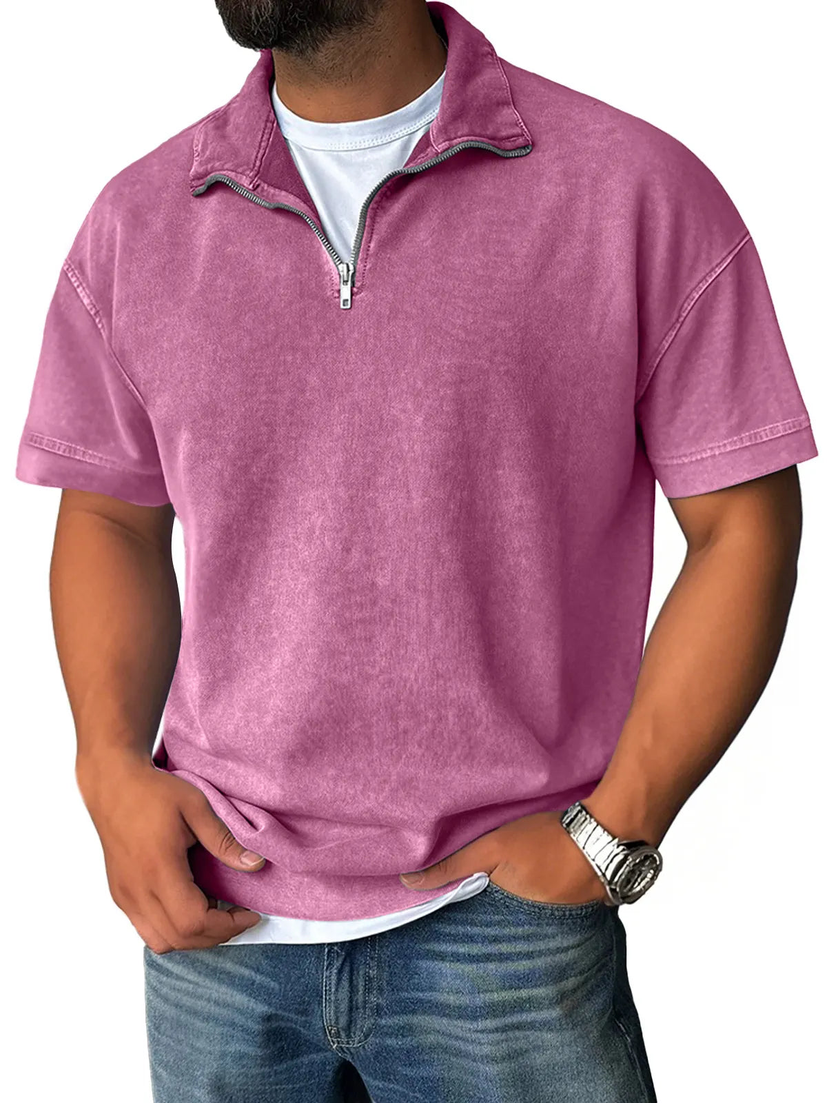 Men's Retro Stand Collar Zipper Casual Solid Color Short Sleeve T-Shirt