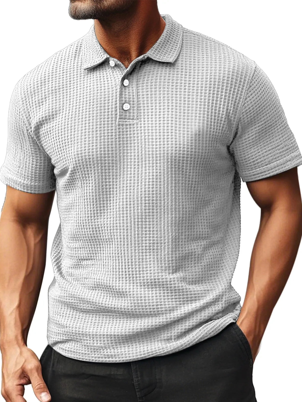 Men's Summer Daily Waffle Texture Short Sleeve Button-up Polo Shirt