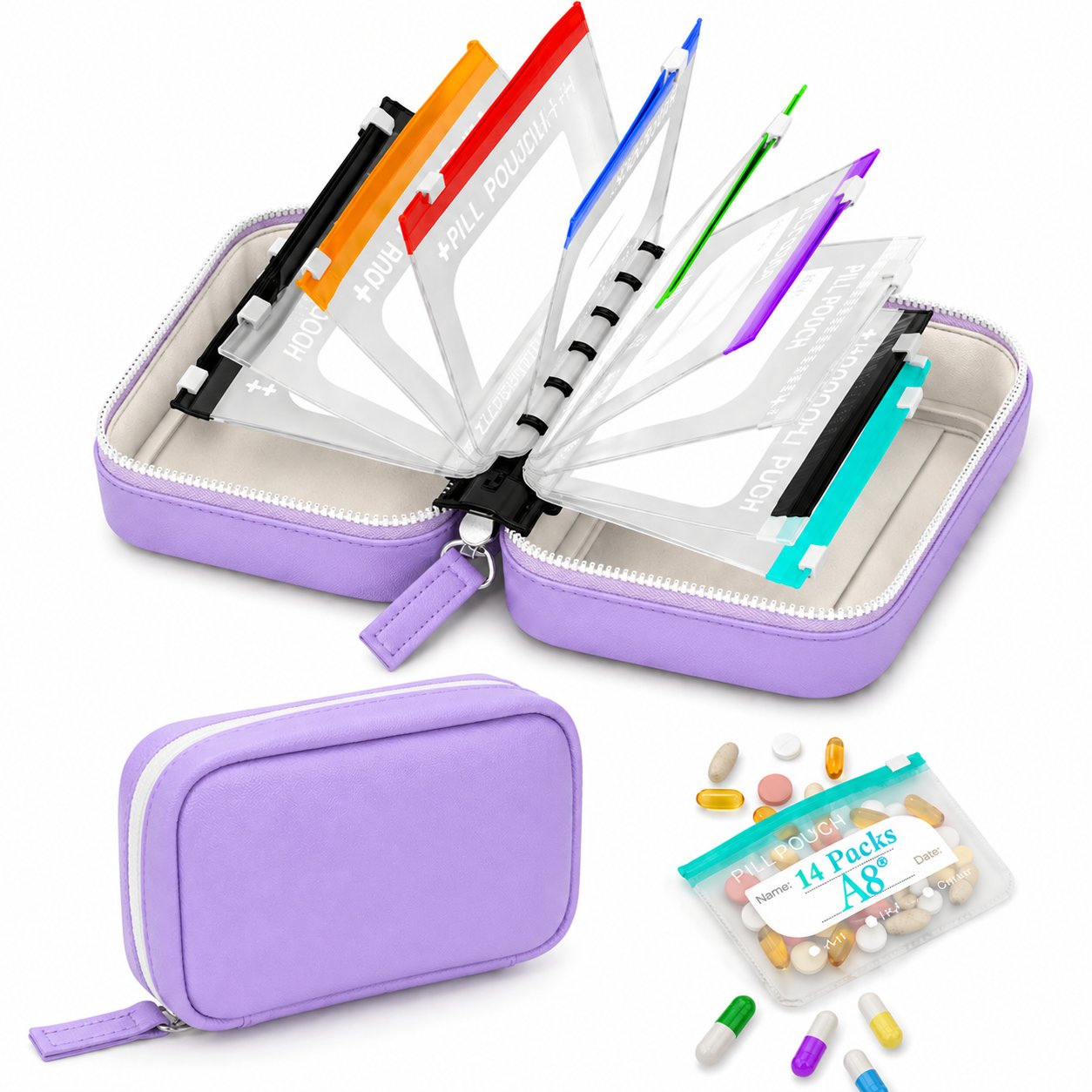Waterproof Pill Organizer Pouch Set – 14 Removable, Colour-Coded Bags, Easy to Label & Refill