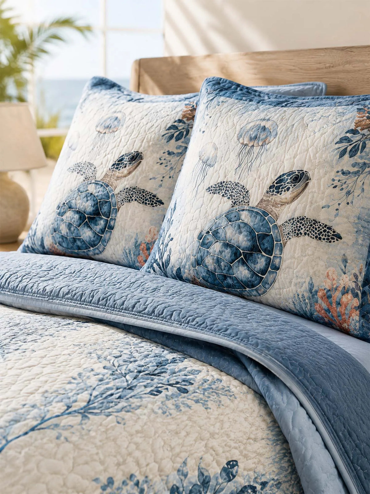 Ocean Turtle Coral Reef Coastal Quilted 3-Piece Bedding Set
