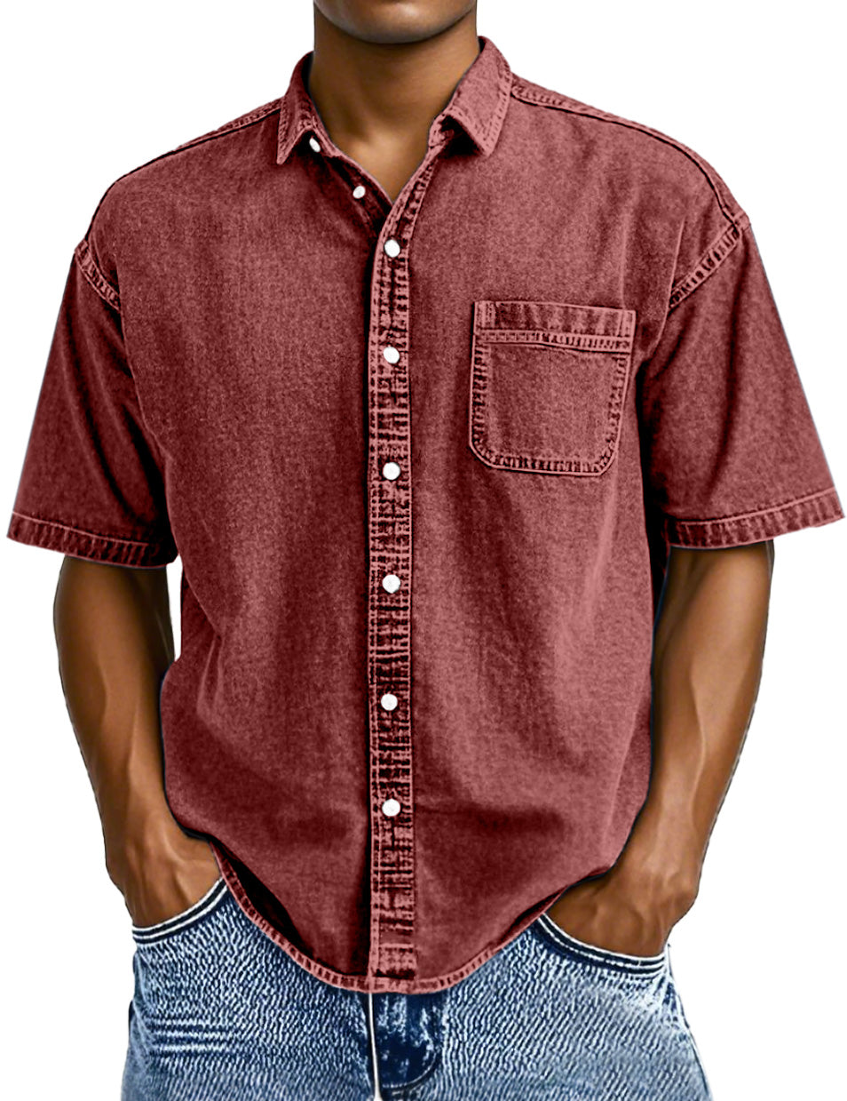 Men's Retro Solid Color Simple Lapel Button-down Short-sleeved Shirt