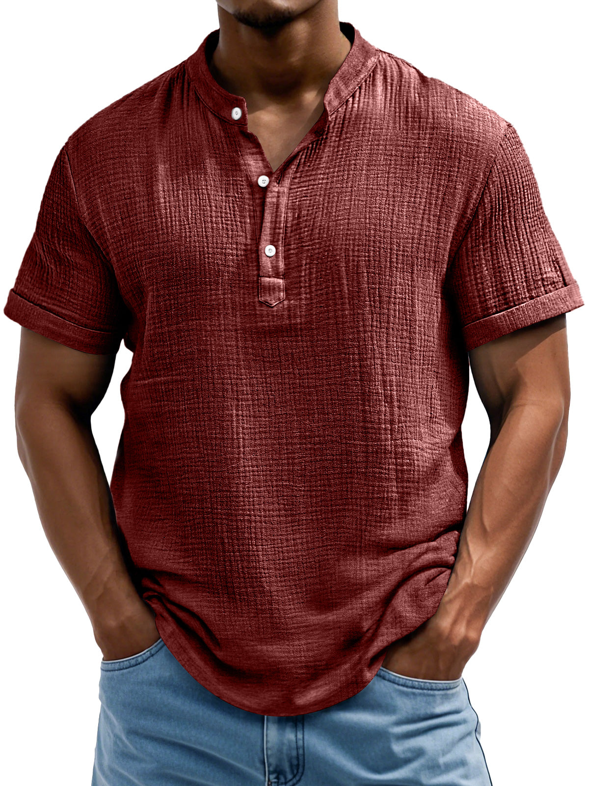 Men's Daily Casual Textured Half-Placket Henley Short Sleeve Shirt