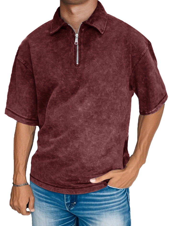 Men's Fashion Retro Distressed Short Sleeve Lapel Zipper Polo Shirt