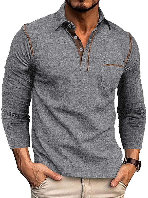 Men's Casual Cotton Lapel Pocket Long Sleeve Polo Shirt