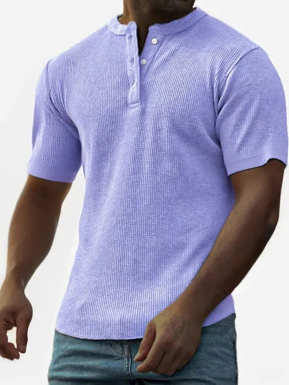 Men's Waffle Fashion Button-Down Henley Short Sleeve Top