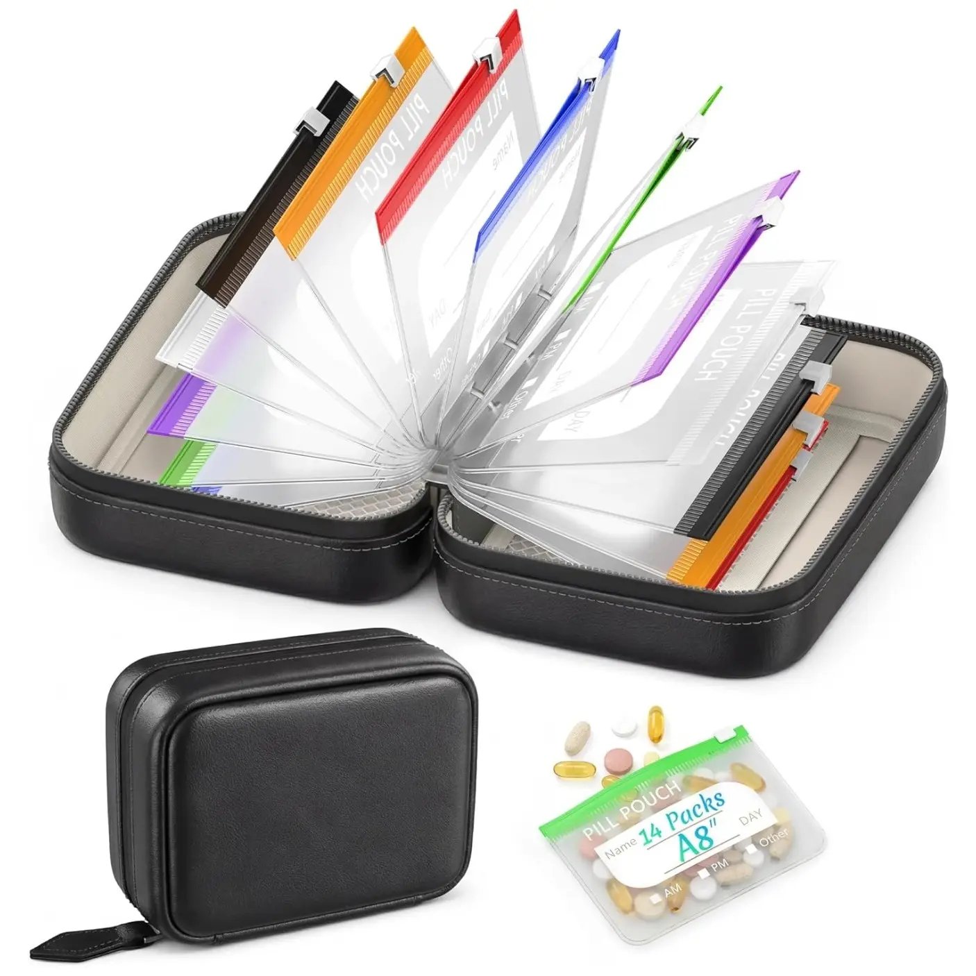 Waterproof Pill Organizer Pouch Set – 14 Removable, Colour-Coded Bags, Easy to Label & Refill