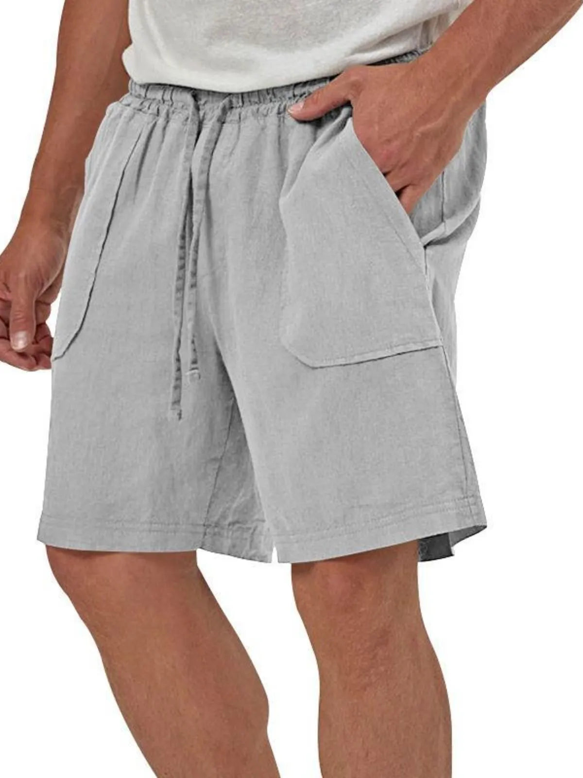 Men's Linen Casual Vacation Double Pocket Drawstring Elastic Waist Shorts Cropped Pants