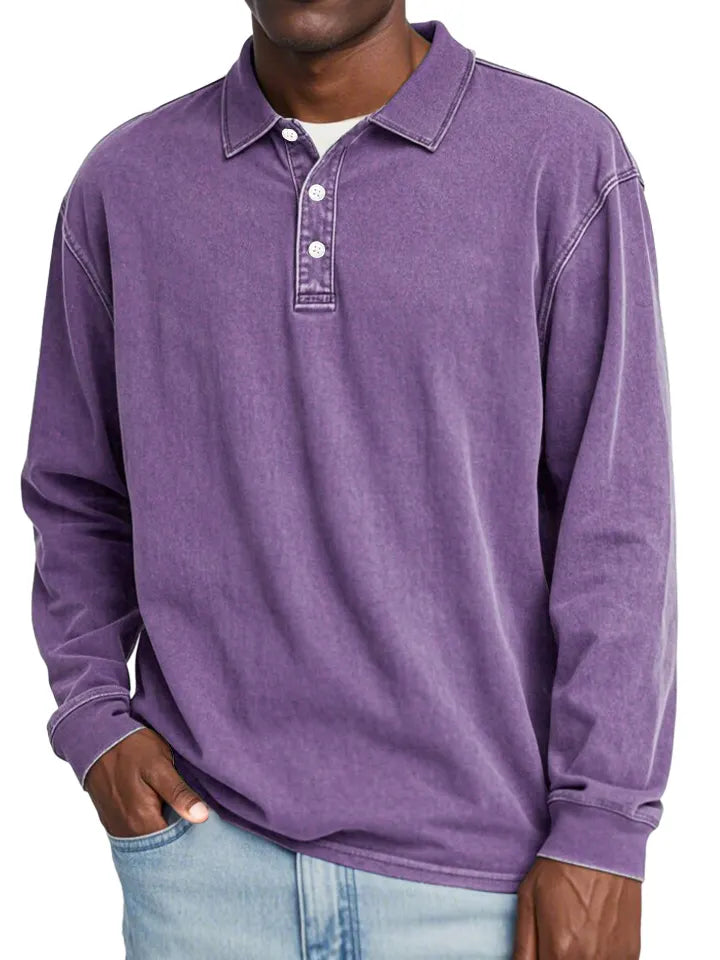 Men's Retro Lapel Button Solid Color Long Sleeve POLO Shirt