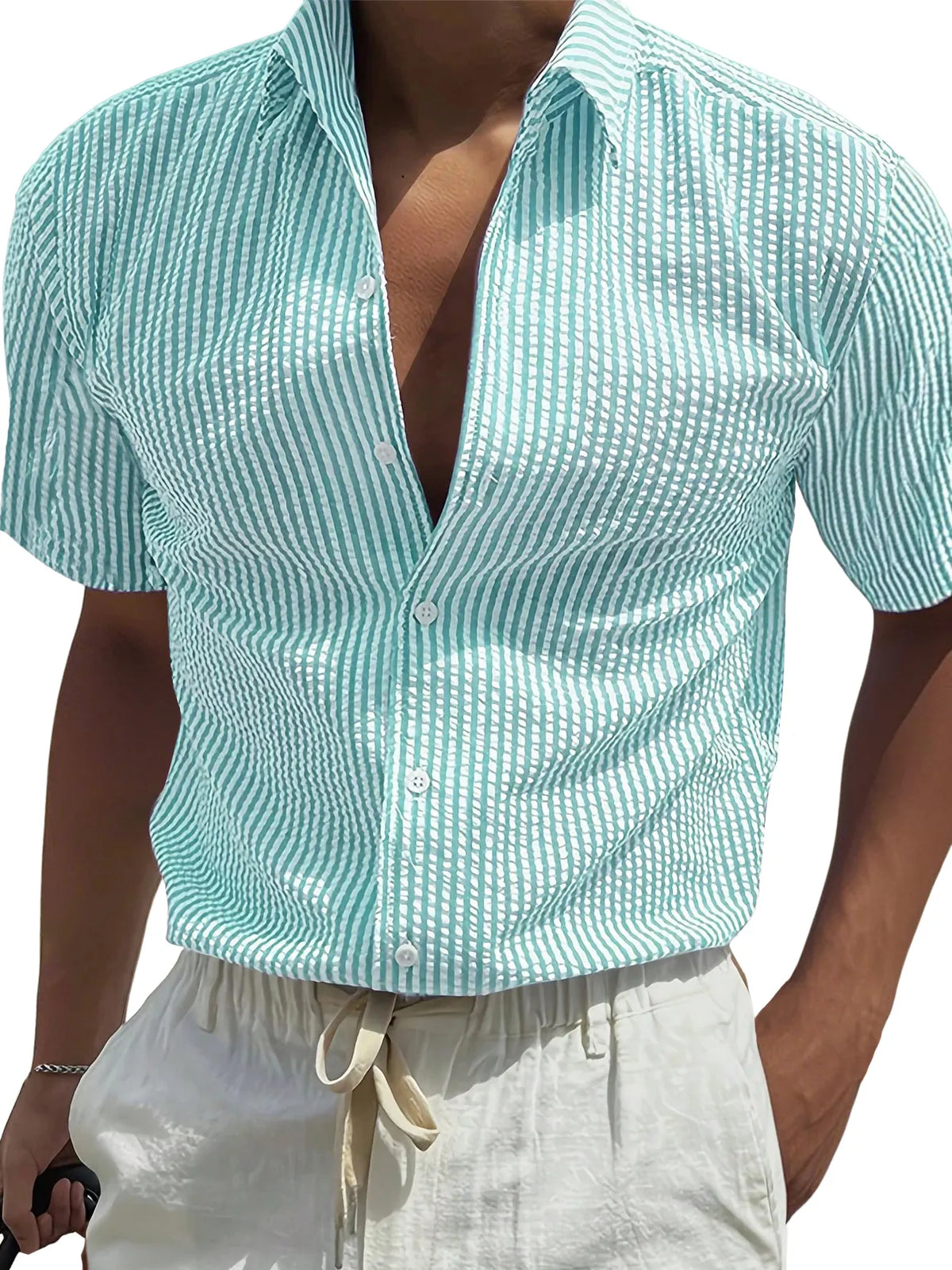 Men's Fashion Texture Striped Short-sleeved Shirt