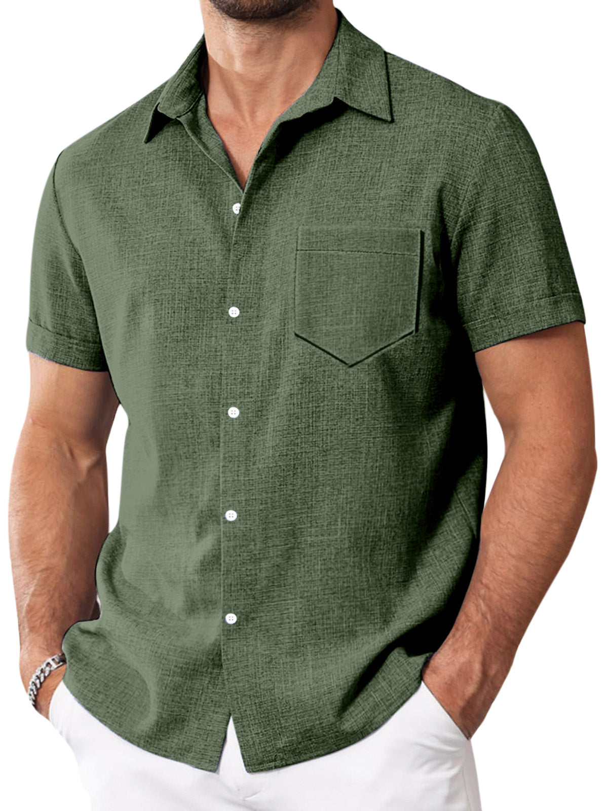 Men's Simple Solid Color Imitation Linen Lapel Button-down Short-sleeved Shirt