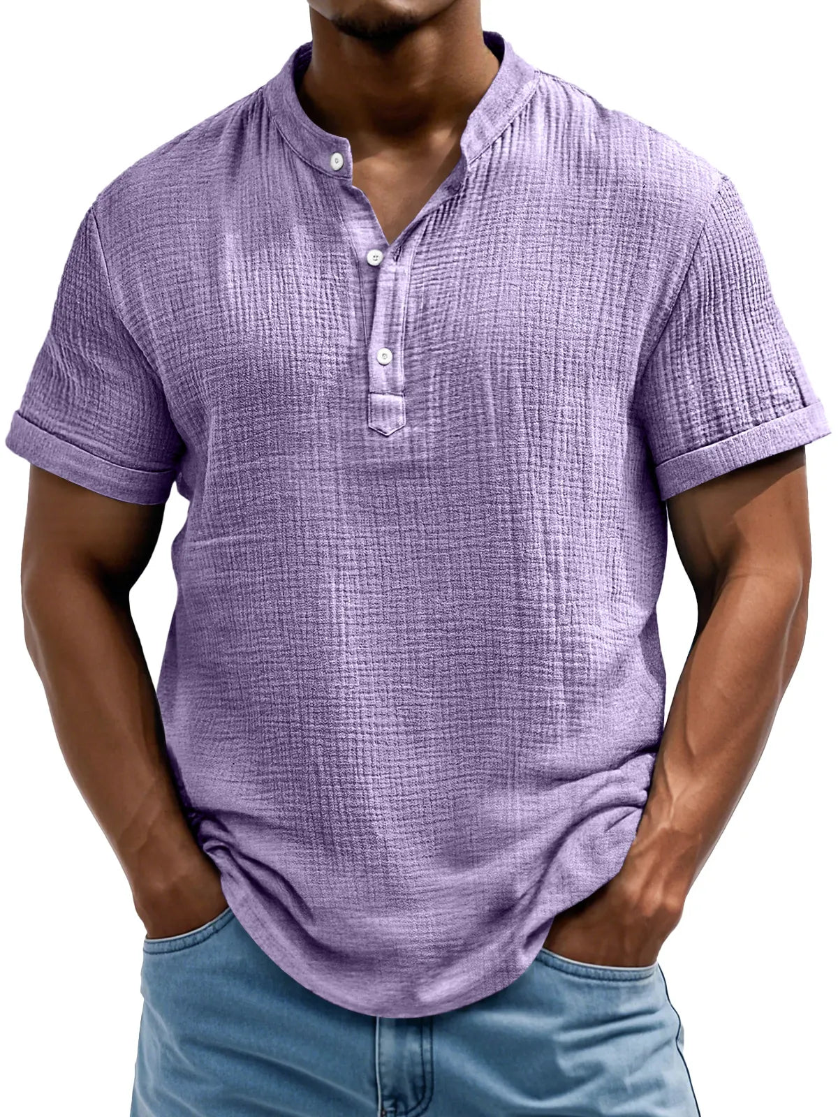 Men's Daily Casual Textured Half-Placket Henley Short Sleeve Shirt