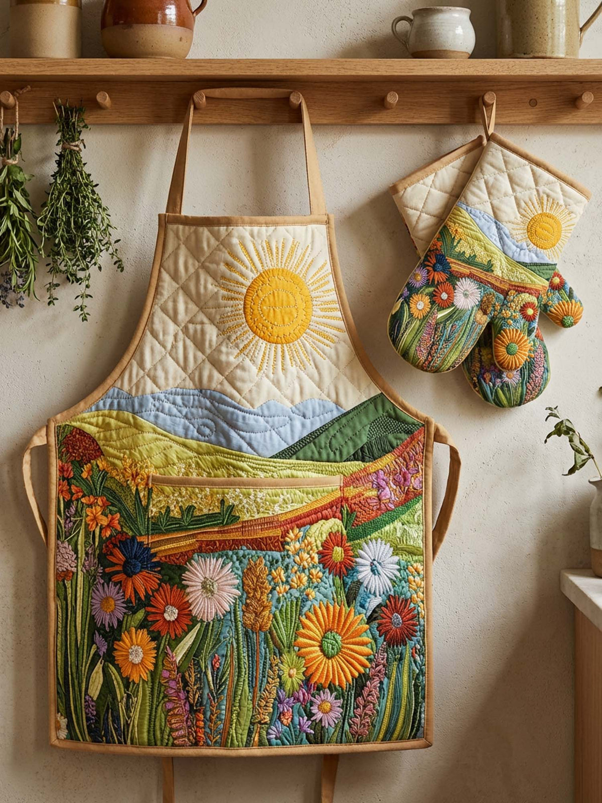 Sun And Flower Quilted Apron Set (2-Piece) – Padded Apron + Heat-Resistant Oven Mitts