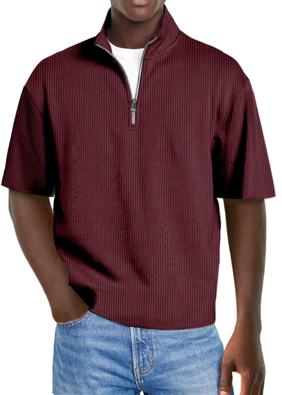 Men's Casual Solid Color Pit Collar Stand Collar Zipper Short Sleeve Polo Shirt