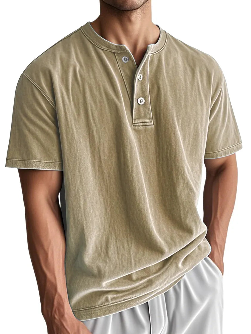 Men's Washed And Distressed Cotton Vintage Henley Collar Short-sleeved T-shirt
