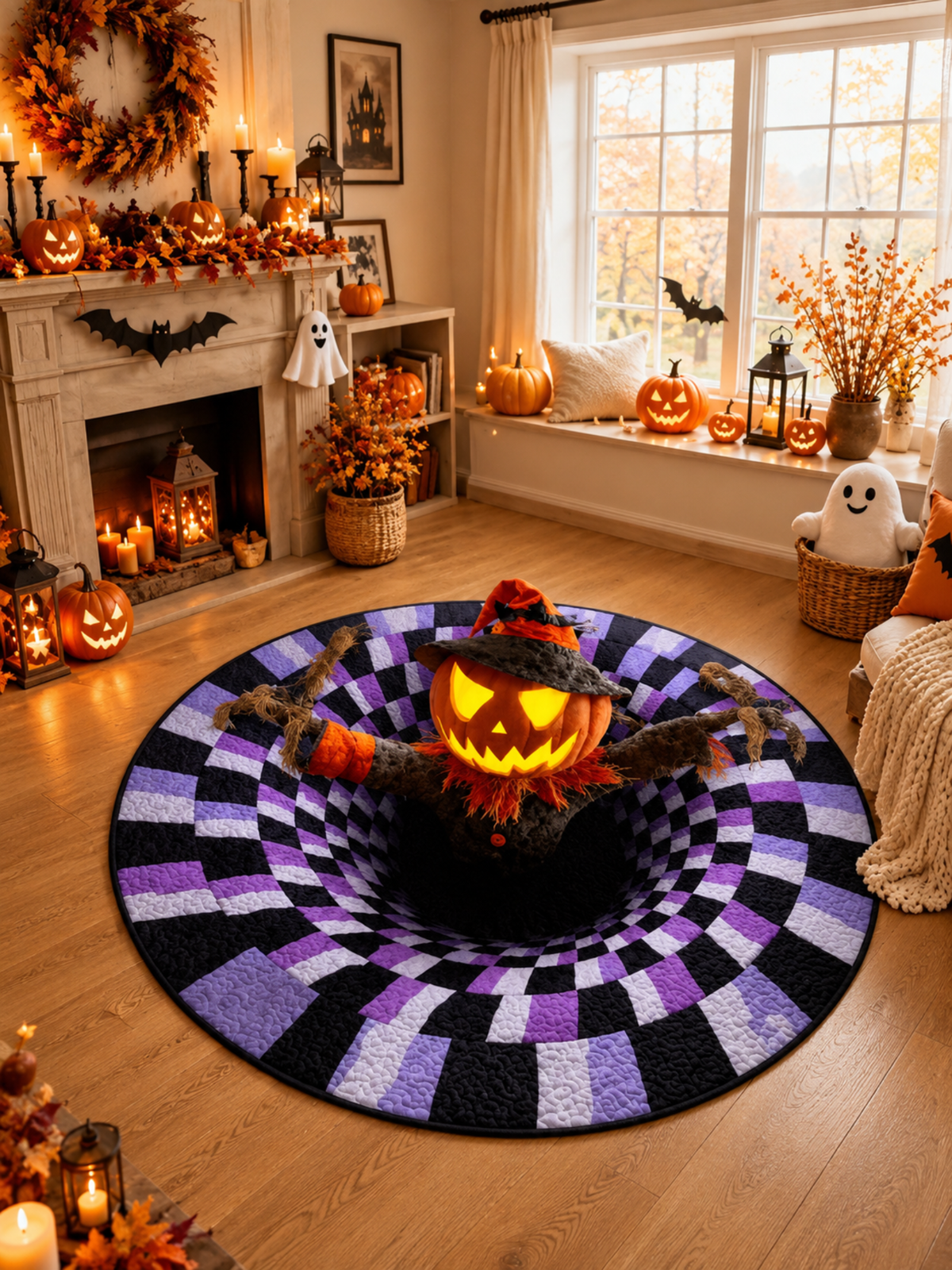 Spooky Halloween Scarecrow Pumpkin Quilted Round Mat