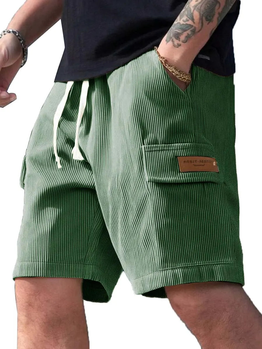 Men's Fashion Retro Workwear Pocket Ribbed Embroidered Logo Shorts