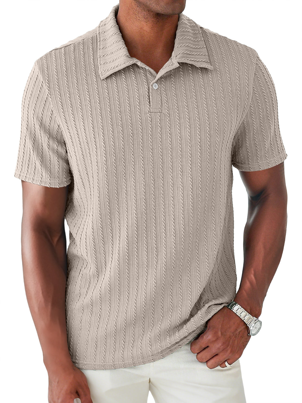 Men's Daily Jacquard Texture Lapel Button Casual Short Sleeve POLO Shirt