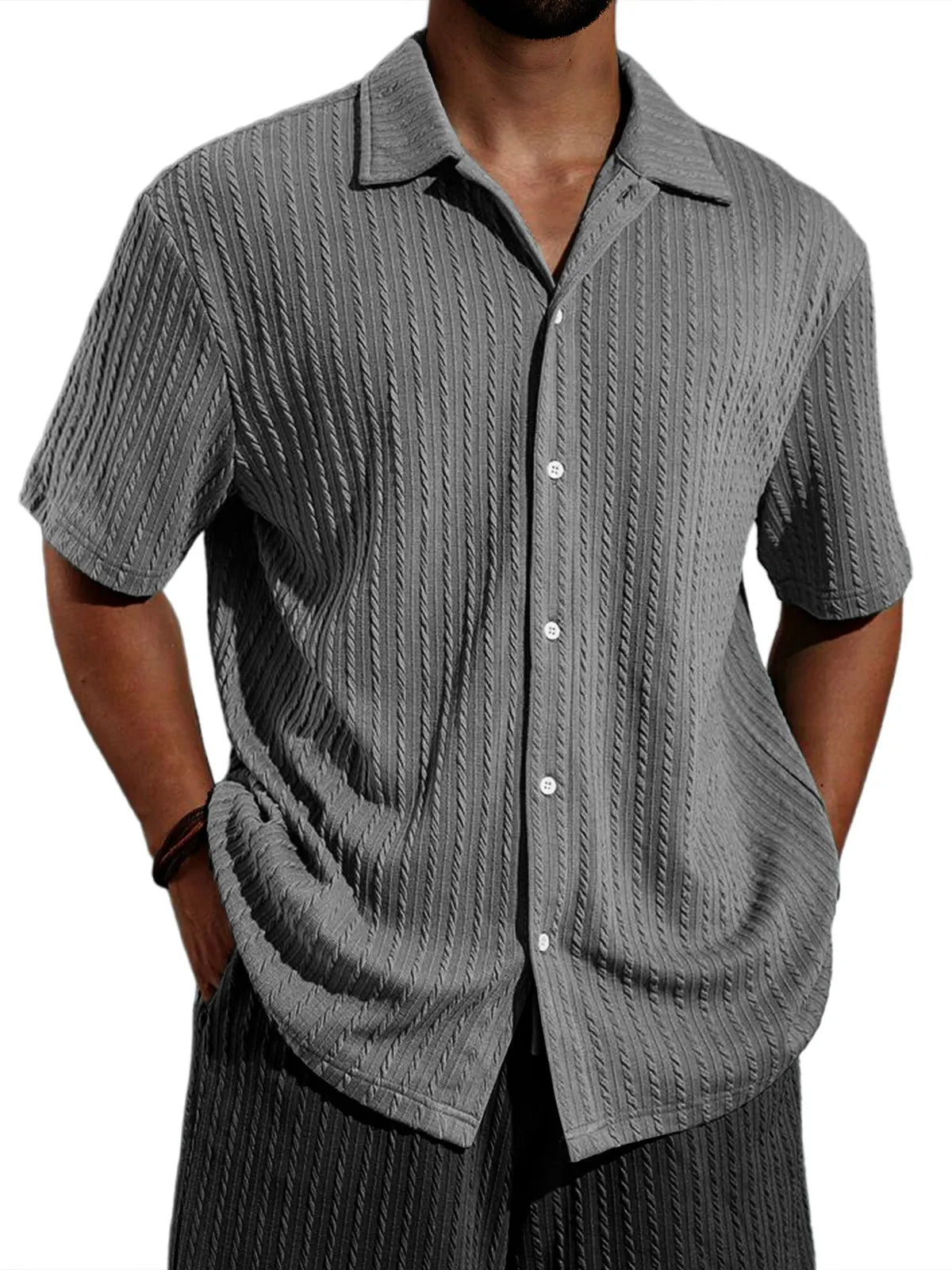Men's Casual Lapel Jacquard Solid Color Short-sleeved Shirt