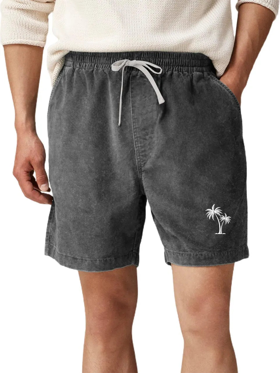 Men's Cotton Washed Water Distressed Wax Printed Pockets Palm Tree Printed Daily Shorts