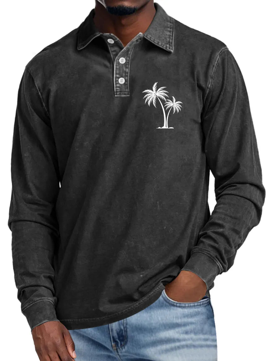 Men's Casual Lapel Buttoned Coconut Print Long Sleeve POLO Shirt
