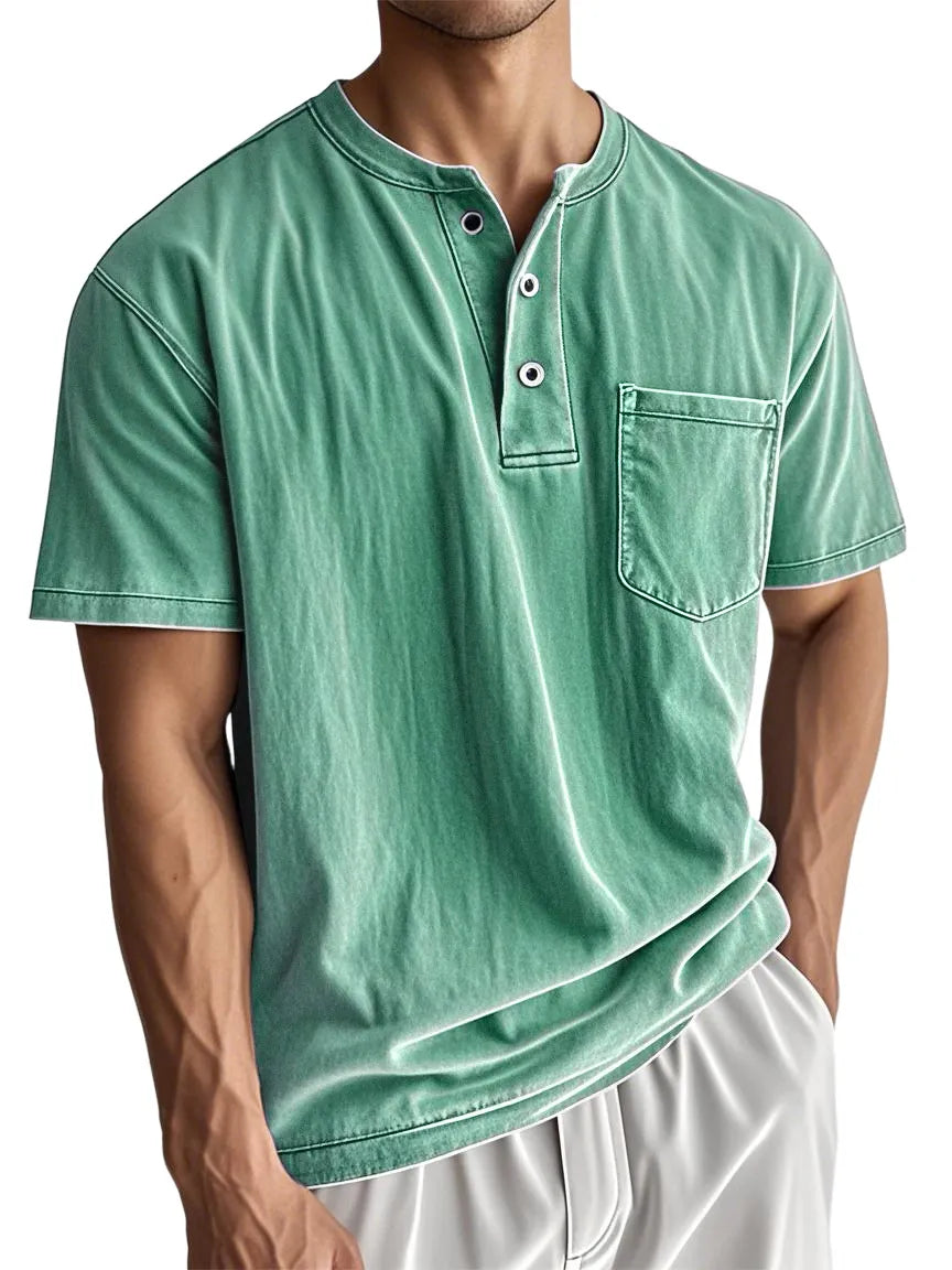 Men's Stylish Washed Distressed Cotton Vintage Casual Pocket Henley Shirt