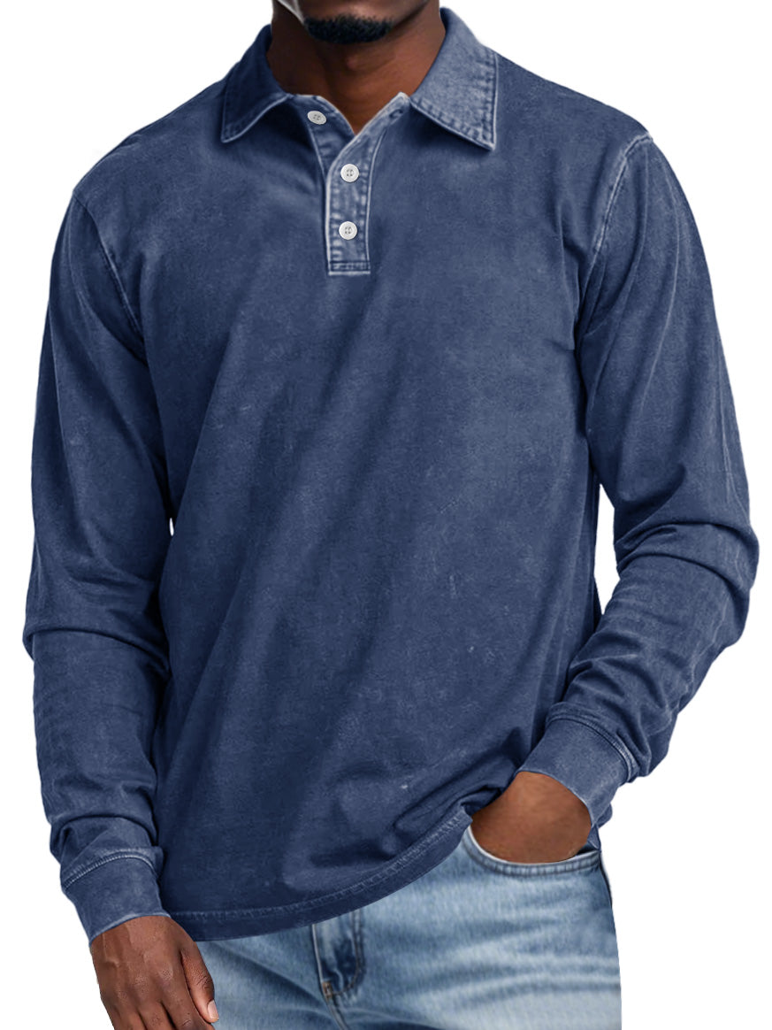 Men's Retro Lapel Button Casual Solid Color Long Sleeve Polo Shirt