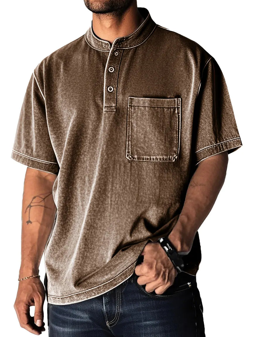 Men's Fashion Retro Distressed Pocket Short Sleeve Lapel Henley Shirt