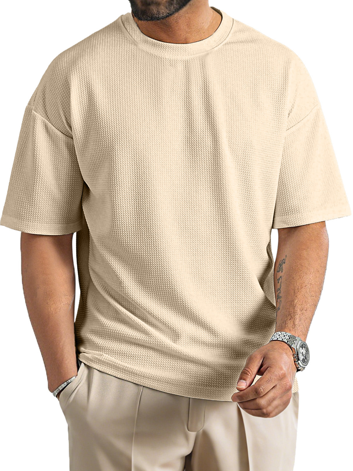 Men's Daily Solid Color Waffle Texture Round Neck Short-sleeved T-shirt