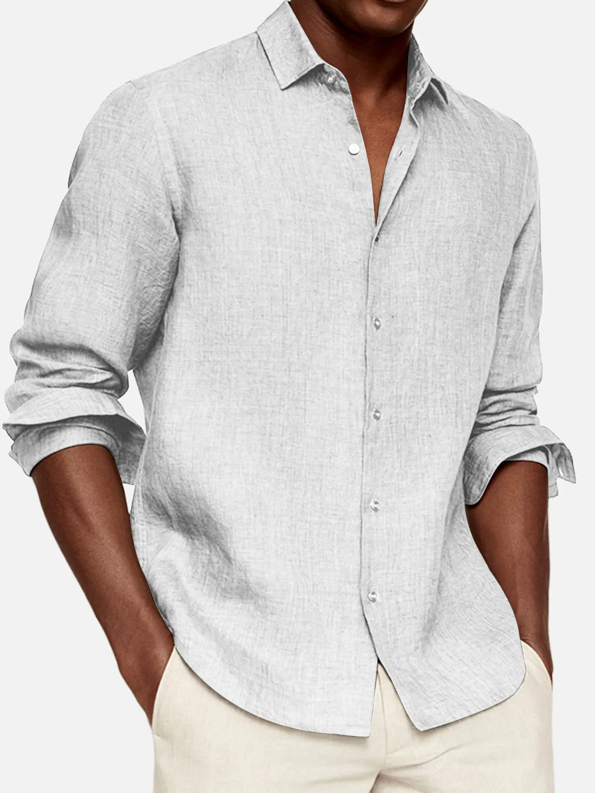 Men's Casual Cotton And Linen Solid Color Lapel Comfortable Long-sleeved Shirt