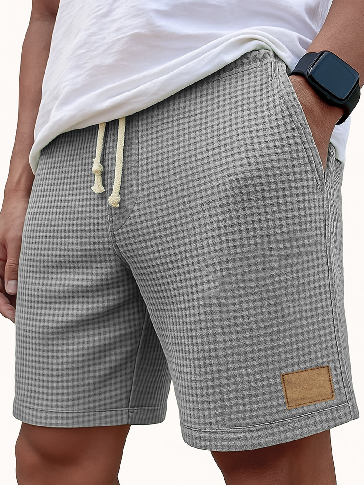 Men's Comfortable Waffle Vintage Embroidered Logo Casual Lace Up Loose Shorts