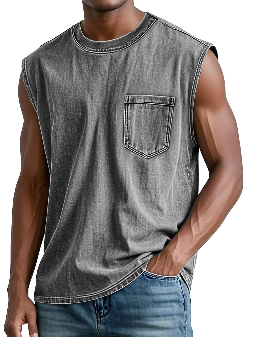 Men's Retro Washed Cotton Casual Round Neck Pocket Fashion Sleeveless Vest