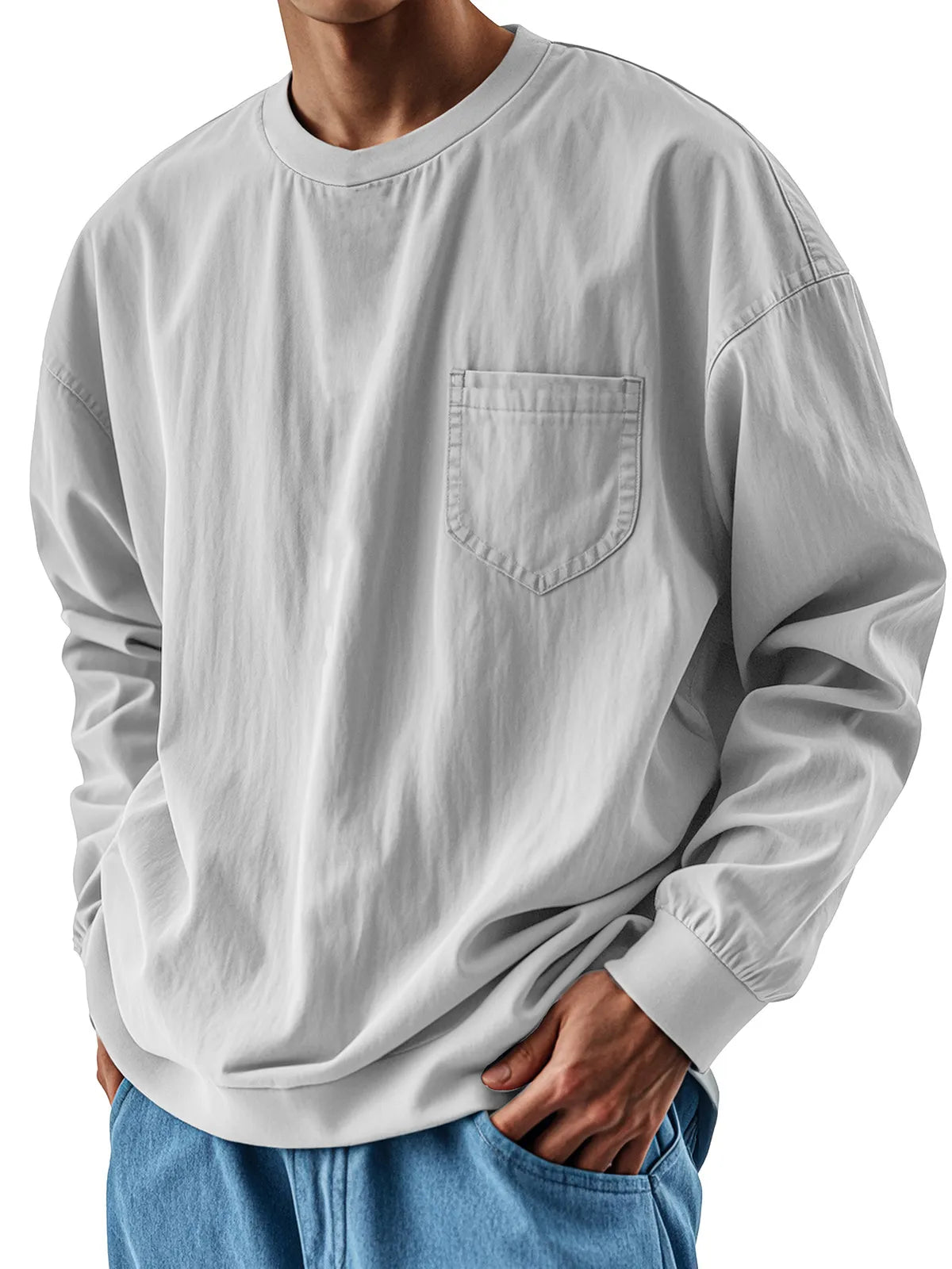 Men's Fashionable Round Neck Casual Pocket Long Sleeve Top