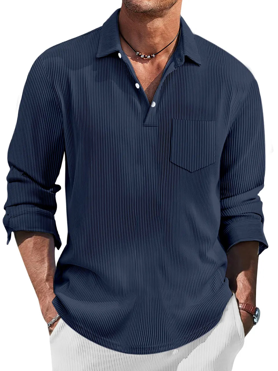 Men's Simple Solid Color Pit Lapel Button-up Polo Shirt