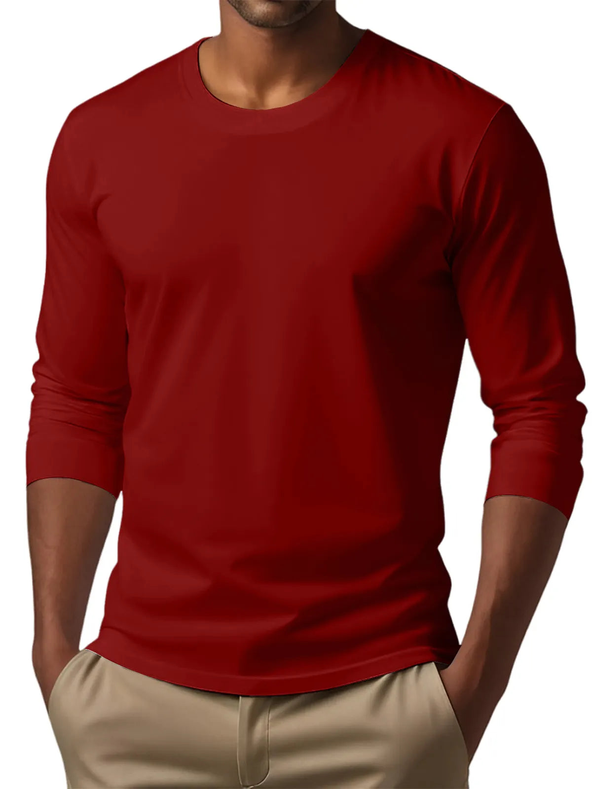 Men's Casual Round Neck Solid Color Comfortable Long Sleeve T-Shirt