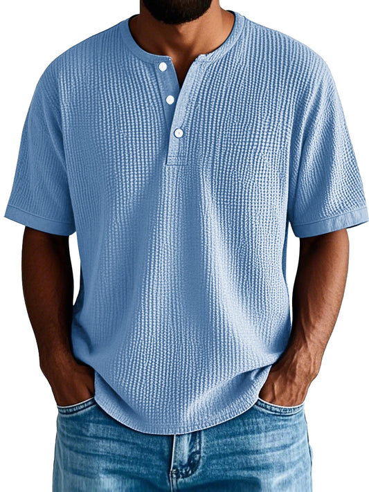 Men's Fashion Casual Pleated Fabric Short-sleeved Vintage Henley Shirt