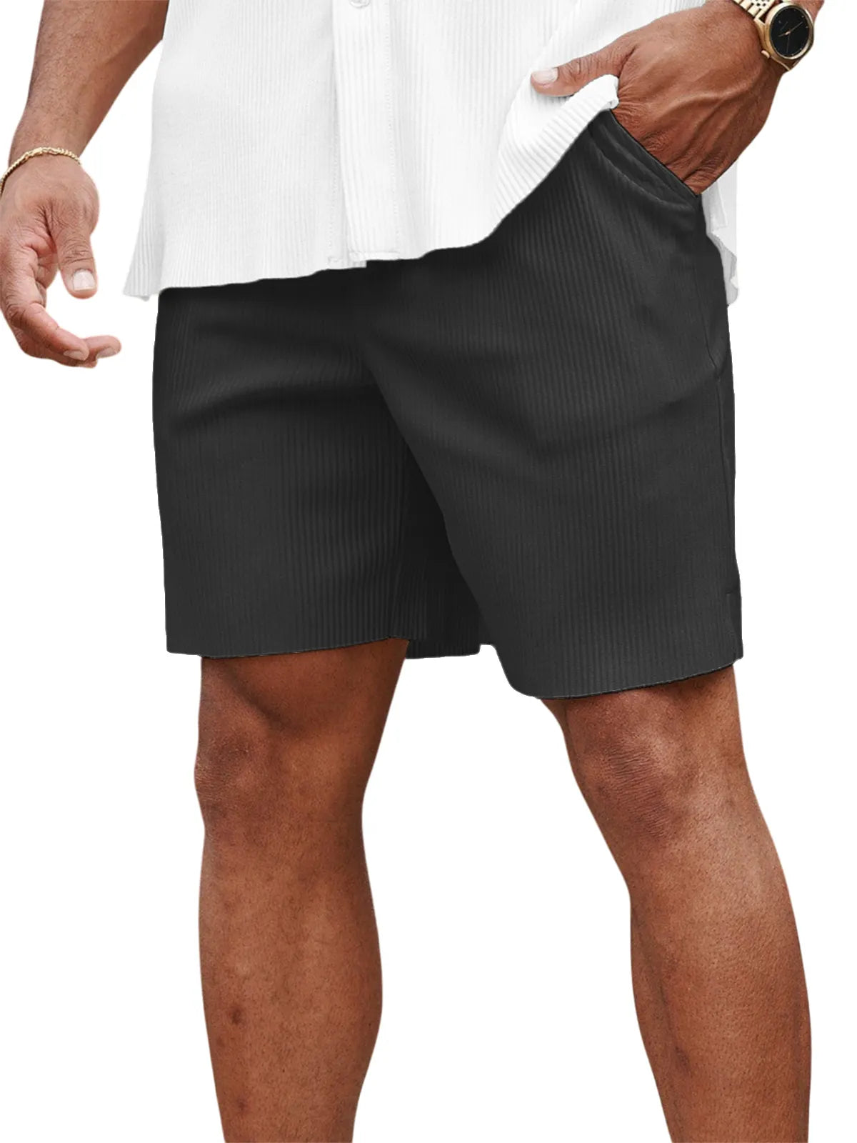 Men's Casual Pit Stripe Pleated Elastic Stretch Shorts with Side Pockets